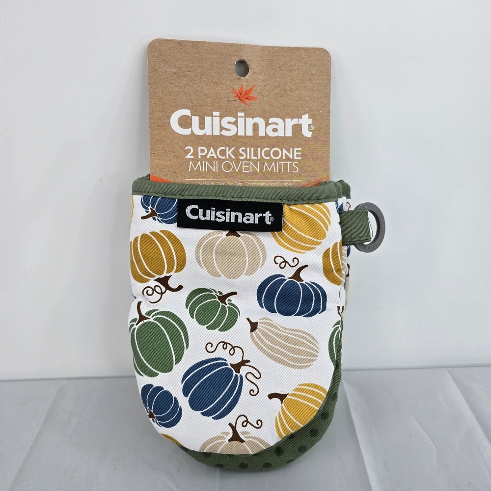 Cuisinart 2 Pack Silicone Mini Oven Mitts Fall Pumpkin Pattern Green Blue Gold